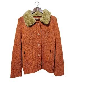 i.e. Relax Sweater Button-Up Faux Fur Collar Orange Pockets Size XL Comfy Chunky